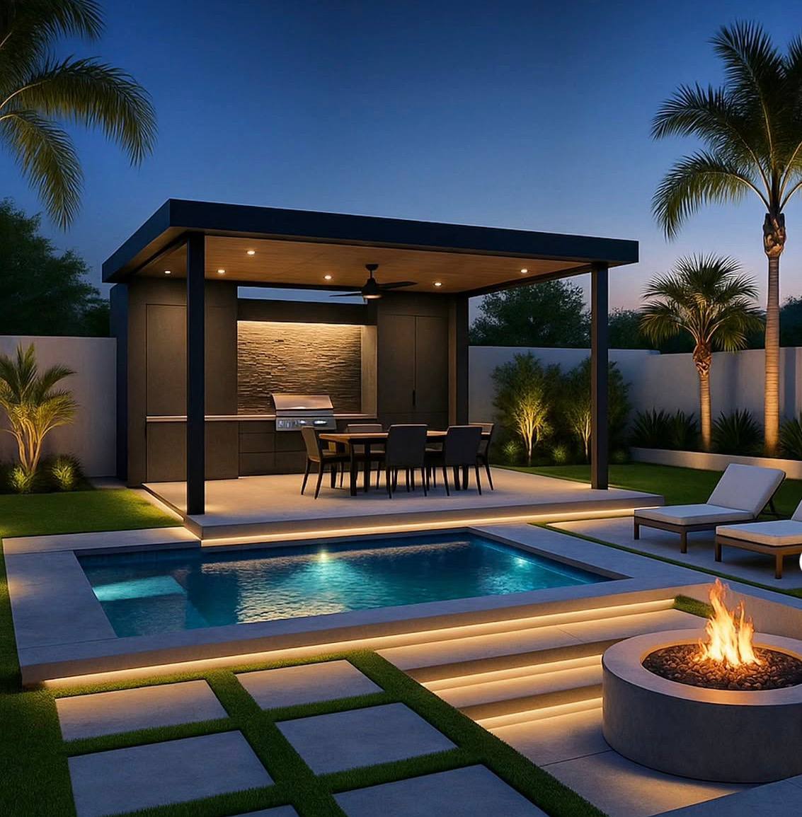Modern outdoor kitchen with pool and fire pit